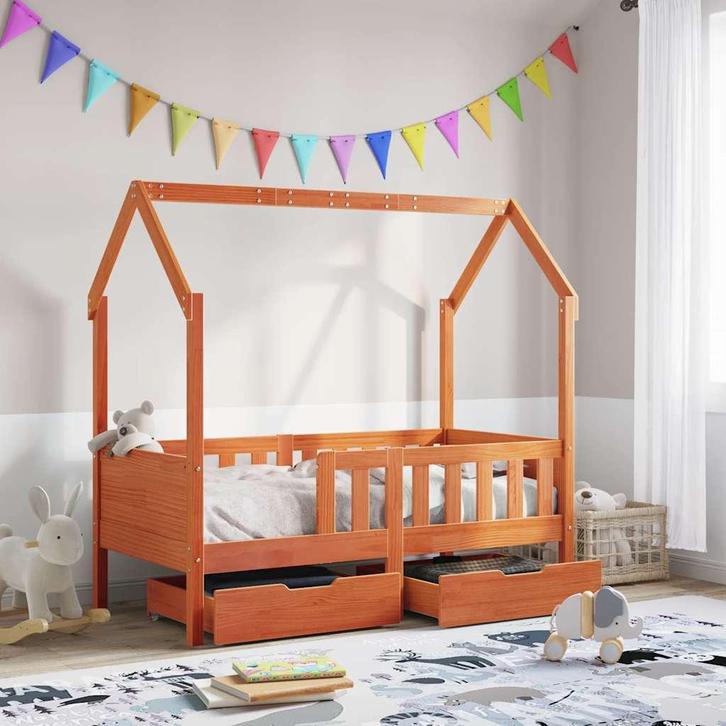 vidaXL Kinderbedframe met lades 70x140 cm massief grenenhout, Huis en Inrichting, Slaapkamer | Bedden, Bruin, Nieuw, Hout, Verzenden