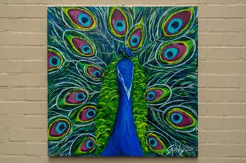 Majestueuze Pauw in Kleurexplosie – Acryl op Canvas beschikbaar voor biedingen
