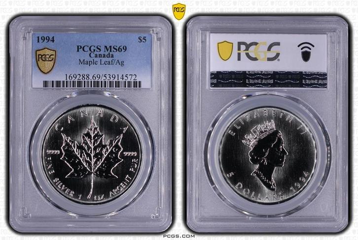 Canada 1 oz Maple Leaf 1994 PCGS MS69 gecertificeerd, Postzegels en Munten, Munten | Amerika, Noord-Amerika, Losse munt, Zilver