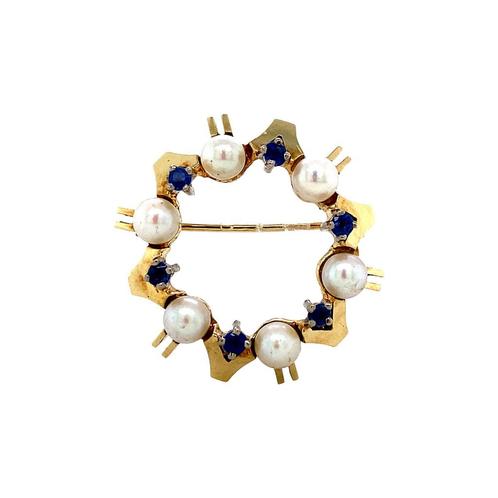Gouden broche met saffier en parel 14 krt, Sieraden, Tassen en Uiterlijk, Broches, Nieuw, Ophalen of Verzenden