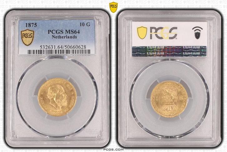 Gouden Willem III 10 gulden 1875 MS64 PCGS gecertificeerd, Postzegels en Munten, Munten | Nederland, Losse munt, 10 gulden, Koning Willem III