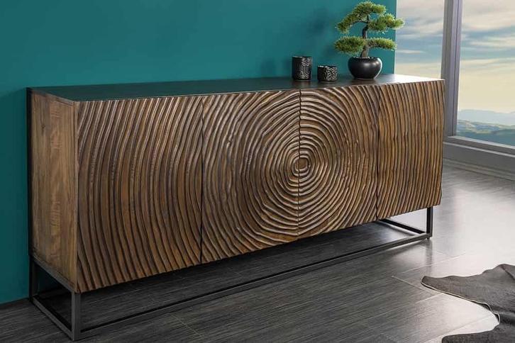 Massief dressoir ZEN CIRCLES 180cm donkerbruin mangohout 3D, Huis en Inrichting, Kasten | Dressoirs, Ophalen of Verzenden