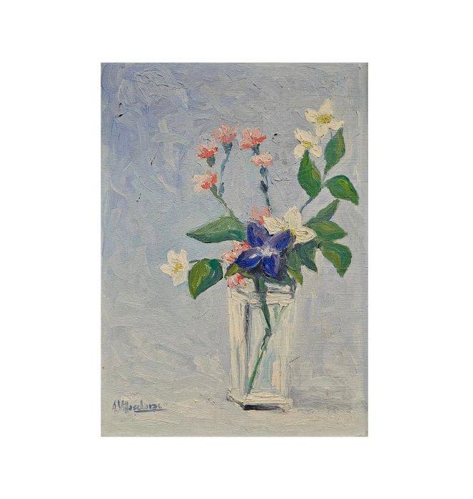Spanish School (XX) - Calm flowers on a blue background, Antiek en Kunst, Kunst | Schilderijen | Klassiek