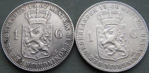 Nederland. Wilhelmina. 1 Gulden 1907 en 1908 (Zonder, Postzegels en Munten, Munten | Nederland