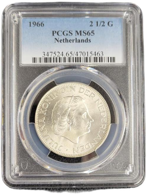 Koningin Juliana zilveren 2 1/2 gulden 1966 MS65 PCGS, Postzegels en Munten, Munten | Nederland, Losse munt, Koningin Juliana