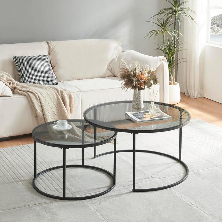 Salontafel set van 2 Kokkola rookglas zwart en transparant [, Huis en Inrichting, Tafels | Salontafels, Verzenden
