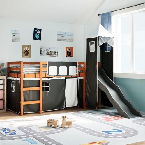 vidaXL Kinderhoogslaper met toren 90x200 cm grenenhout wit, Huis en Inrichting, Slaapkamer | Bedden, 90 cm, 200 cm, Zwart, Eenpersoons
