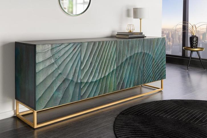 Massief dressoir SCORPION 180cm turquoise mangohout goud, Huis en Inrichting, Kasten | Dressoirs, Ophalen of Verzenden