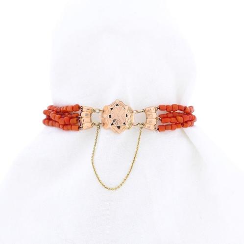 Bloedkoraal kralen armband met bicolor gouden sierslot; A..., Sieraden, Tassen en Uiterlijk, Armbanden, Overige kleuren, Gebruikt