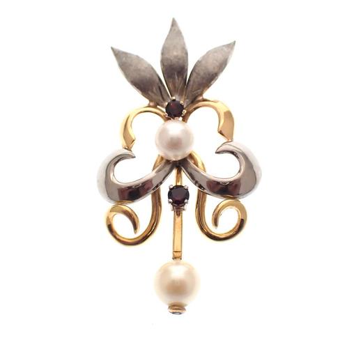 18 Krt. Bicolor antieke hanger; Franse lelie | granaat &..., Sieraden, Tassen en Uiterlijk, Bedels, Gebruikt, Overige merken, Goud