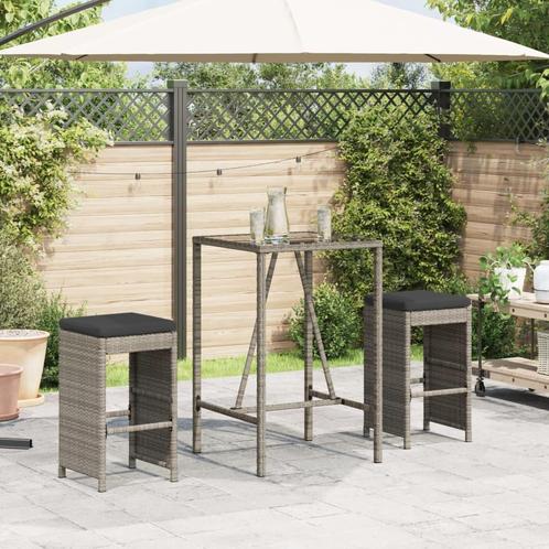 vidaXL Tuinbarkrukken met kussens 2 st poly rattan grijs, Tuin en Terras, Tuinstoelen, Nieuw, Rotan, Verzenden