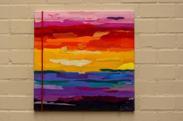 Zonsondergang in Collage – Abstract Mixed Media Kunstwerk beschikbaar voor biedingen