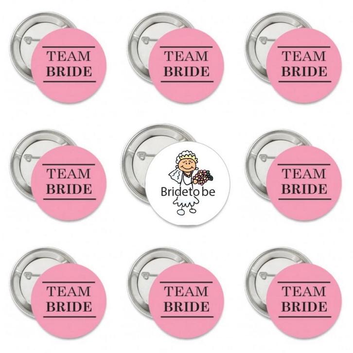 9 Buttons Bride to Be wit en Team Bride roze, Hobby en Vrije tijd, Feestartikelen, Geboorte of Huwelijk, Feestartikel, Nieuw, Verzenden