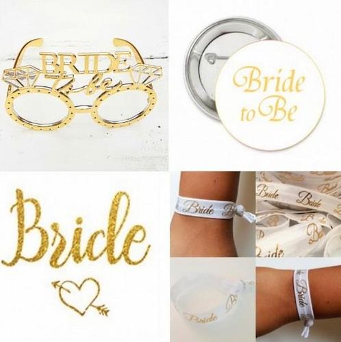 Vrijgezellenfeest set Bride wit met goud met bril button etc, Hobby en Vrije tijd, Feestartikelen, Geboorte of Huwelijk, Feestartikel