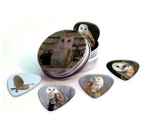 Blikje + plectrums met afbeelding van een Schuur Uil, Verzamelen, Overige Verzamelen, Nieuw, Ophalen of Verzenden