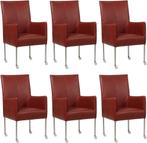 Set van 6 Rode leren moderne eetkamerstoelen - poot rond rvs, Huis en Inrichting, Overige kleuren, Nieuw, Leer, Ophalen of Verzenden