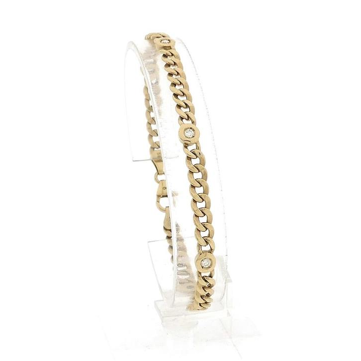 Gouden platte gourmetschakel armband met diamanten; 0,25 ct., Sieraden, Tassen en Uiterlijk, Armbanden, Overige kleuren, Gebruikt