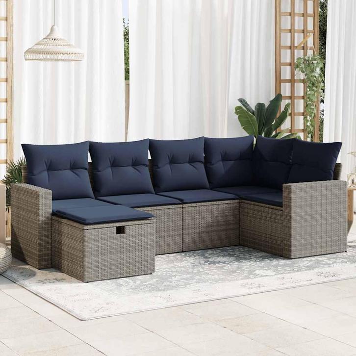 vidaXL 6-delige Loungeset met kussens poly rattan grijs, Tuin en Terras, Tuinsets en Loungesets, Loungeset, Nieuw, 6 zitplaatsen