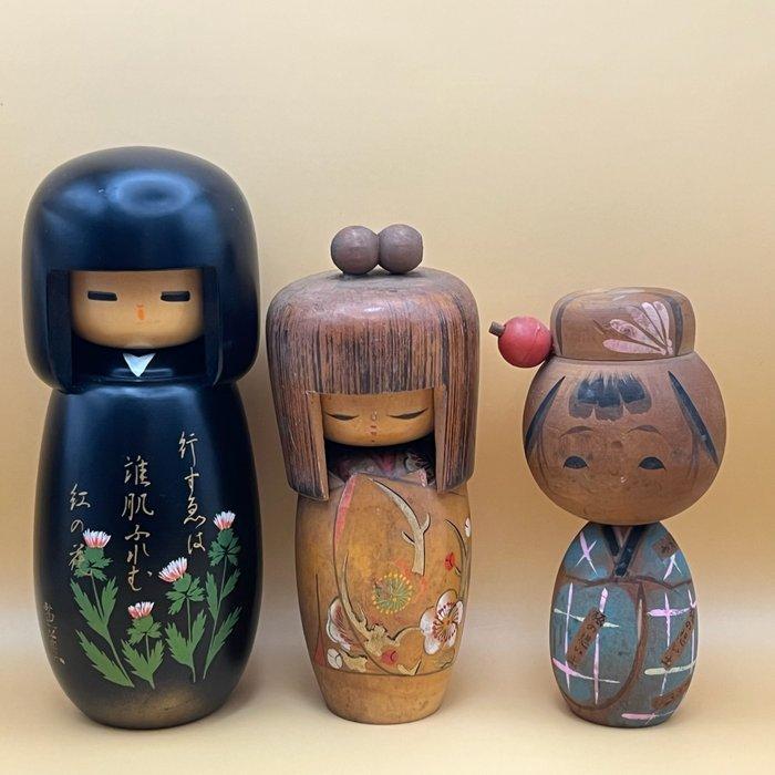 Set van 3 handgemaakte Kokeshi-poppen – inclusief werk van, Antiek en Kunst, Curiosa en Brocante