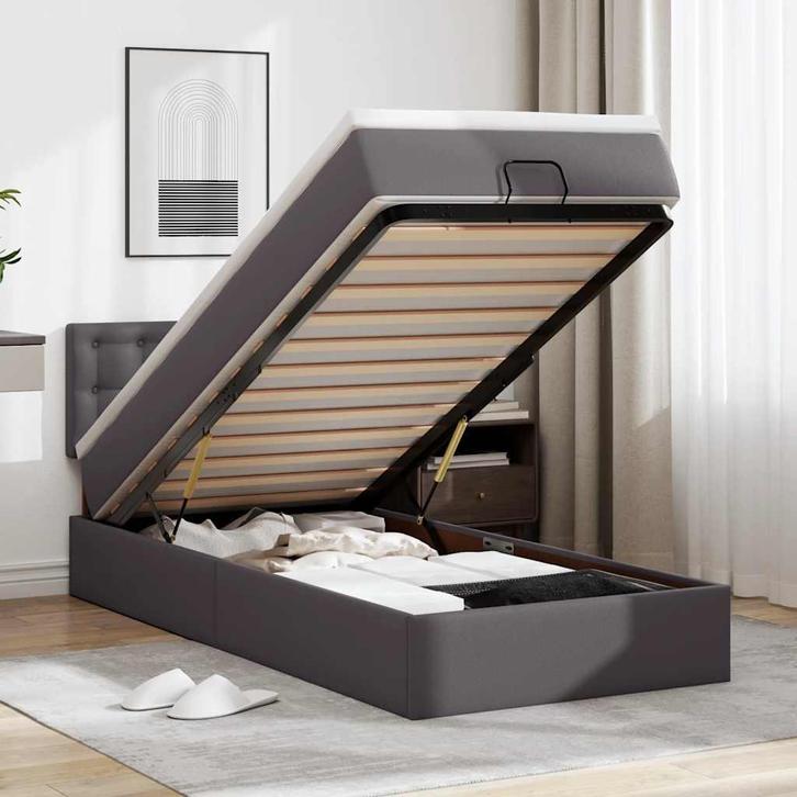 vidaXL Ottomaanse bed met matras 90x190cm kunstleer grijs, Huis en Inrichting, Slaapkamer | Bedden, 90 cm, 190 cm of minder, Grijs