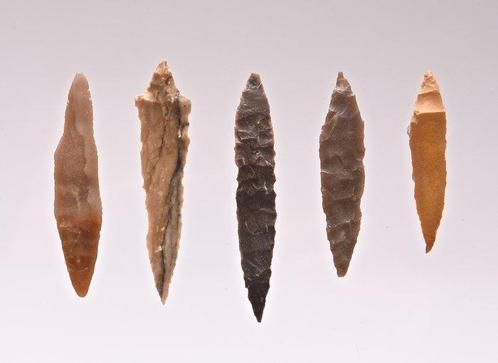 Early Neolithic Vuursteen 5 early neolithic points (Zonder, Antiek en Kunst, Antiek | Overige Antiek