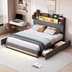 Dubbel Bed 140x200 cm met LED Hoofdbord, USB en Opberglades, Verzenden, Nieuw