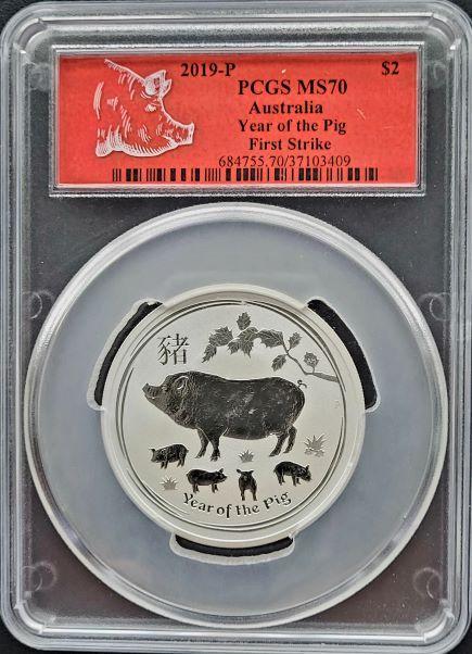 Lunar II - Year of the Pig - 2 oz 2019 PCGS MS70, Postzegels en Munten, Munten | Oceanië, Losse munt, Zilver, Verzenden