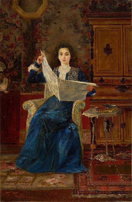 Fabio Fabbi (1861-1946) - La lettura, Antiek en Kunst, Kunst | Schilderijen | Klassiek