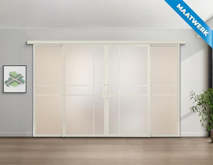 Dubbele stalen Schuifdeuren met koofsysteem en glaspanelen 6, Doe-het-zelf en Verbouw, Kozijnen en Schuifpuien, Nieuw, Inclusief glas