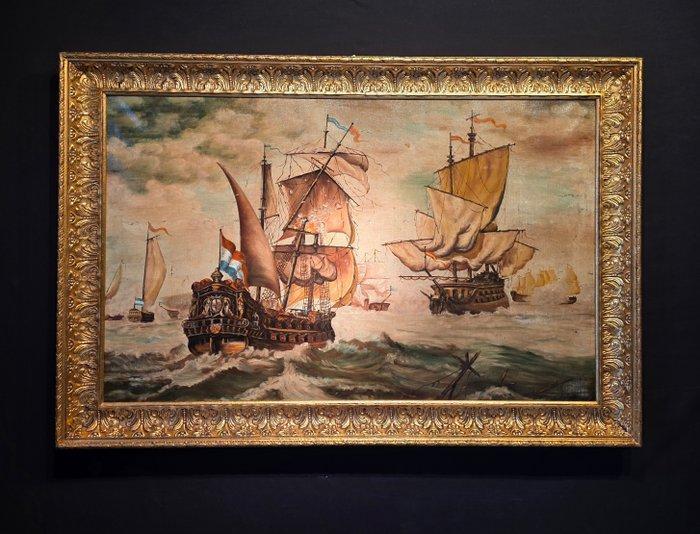 Franse school (XX) - Grande battaglia navale - XL format, Antiek en Kunst, Kunst | Schilderijen | Klassiek