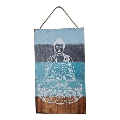 Blauw Houten Wandbord met Witte Boeddha 50x29x3 cm, Tuin en Terras, Tuinwanddecoratie, Verzenden