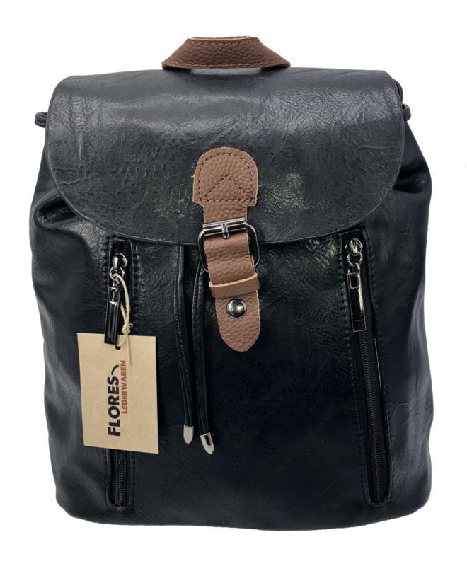 Zwarte  leren rugzak met bruine details  Flores Lederwaren, Sieraden, Tassen en Uiterlijk, Tassen | Schoudertassen, Nieuw, Verzenden