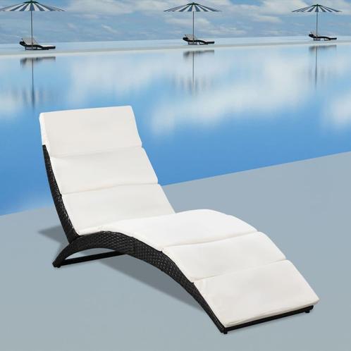 vidaXL Ligbed inklapbaar met kussen poly rattan zwart, Tuin en Terras, Ligbedden, Nieuw, Verzenden