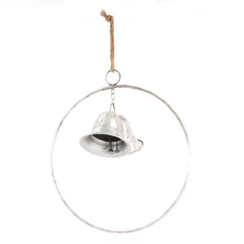 Metalen ring met 2 bellen oud zilver 38*12 cm silver washed, Huis en Inrichting, Woonaccessoires | Kunstplanten en Kunstbloemen