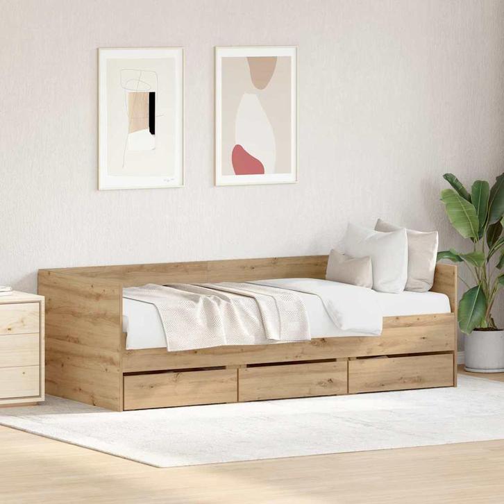 vidaXL Dagbedframe met lades artisanaal eikenkleurig 90 x, Huis en Inrichting, Slaapkamer | Bedden, Bruin, Nieuw, Hout, Verzenden