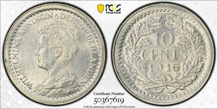 Koningin Wilhelmina 10 cent 1916 PCGS MS63 gecertificeerd, Postzegels en Munten, Munten | Nederland, Losse munt, 10 cent, Koningin Wilhelmina