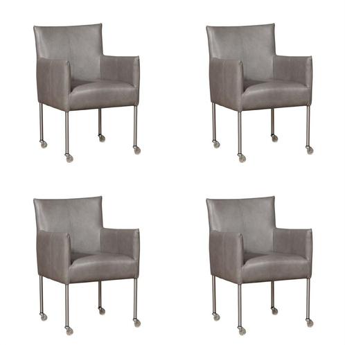 Grijze leren moderne kuipstoel - poot rond rvs met wiel - Gr, Huis en Inrichting, Stoelen, Overige kleuren, Nieuw, Leer, Ophalen of Verzenden