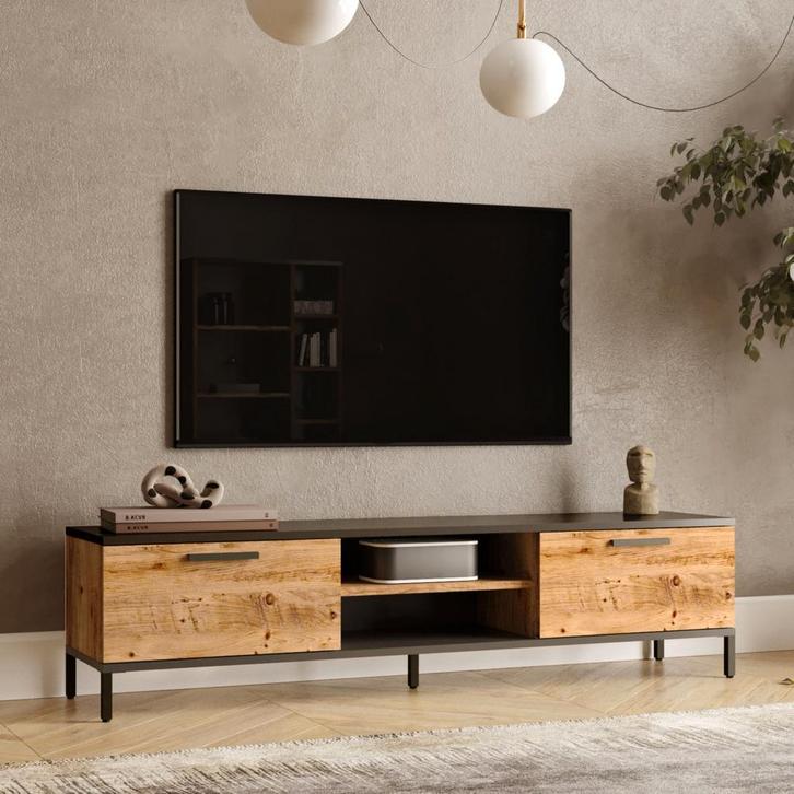[en.casa] Tv-meubel Lempäälä 160x35x39cm eiken rustiek en an, Huis en Inrichting, Kasten | Televisiemeubels, Verzenden