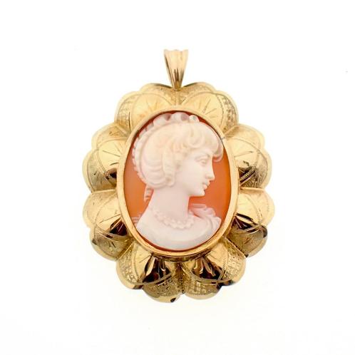 Vintage gouden hanger met camee (schelp, lagensteen), Sieraden, Tassen en Uiterlijk, Bedels, Gebruikt, Overige merken, Goud, Ophalen of Verzenden