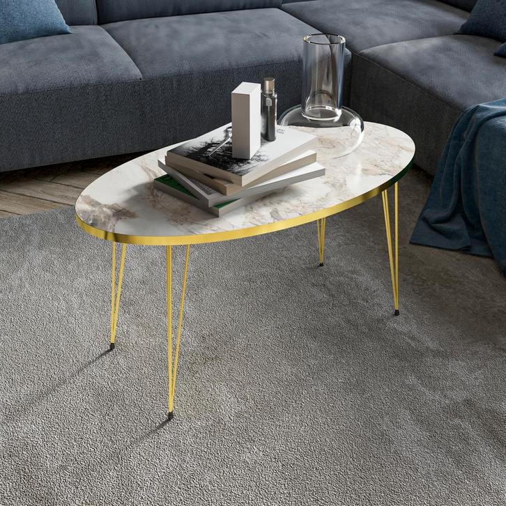 [en.casa] Salontafel Skævinge ovaal 43x90x50 cm marmer wit e, Huis en Inrichting, Tafels | Salontafels, Verzenden