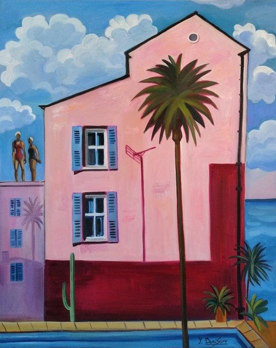 Yuri Denissov - Pink house by the sea. Large. Œuvre, Antiek en Kunst, Kunst | Schilderijen | Modern
