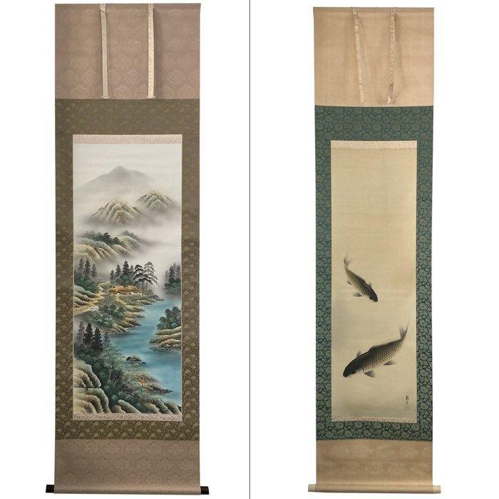 Nihonga schilderkunst op een kakejiku (hangende rol) – twee, Antiek en Kunst, Antiek | Overige Antiek
