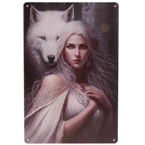 Metalen Plaatje - Mystique Dame met Witte Wolf in Bos - Fant, Huis en Inrichting, Woonaccessoires | Tekstborden en Spreuken, Nieuw