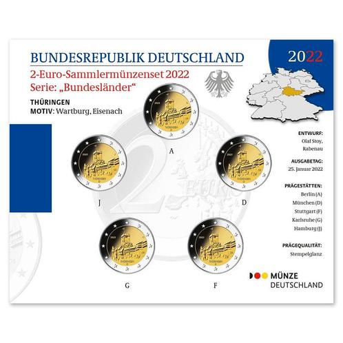 Duitsland 2 Euro BU Set Thüringen 2022, Postzegels en Munten, Munten | Europa | Euromunten, Verzenden