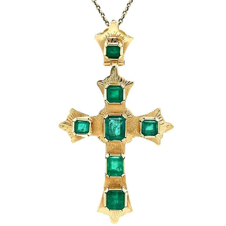 Gouden vintage kruis hanger met smaragd 14 kt, Sieraden, Tassen en Uiterlijk, Kettinghangers, Nieuw, Ophalen of Verzenden