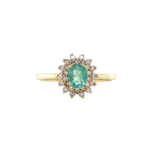 Gouden vintage dubbele entourage ring met smaragd en diamant, Sieraden, Tassen en Uiterlijk, Ringen, Nieuw, Ophalen of Verzenden
