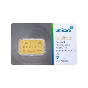 Umicore 10 gram goudbaar met certificaat beschikbaar voor biedingen