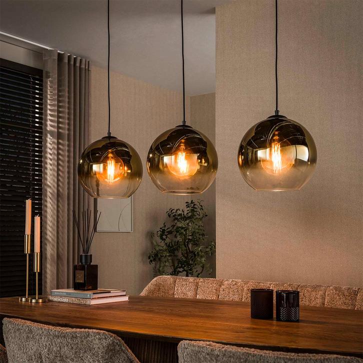 *WOONWINKEL* Eettafel Hanglamp Met Rookglas Bollen Goud, Huis en Inrichting, Lampen | Hanglampen, Nieuw, Verzenden
