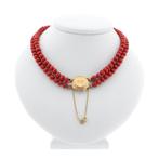Antieke bloedkoralen kralen collier met gouden sier slot..., Sieraden, Tassen en Uiterlijk, Kettingen, Gebruikt, Overige kleuren