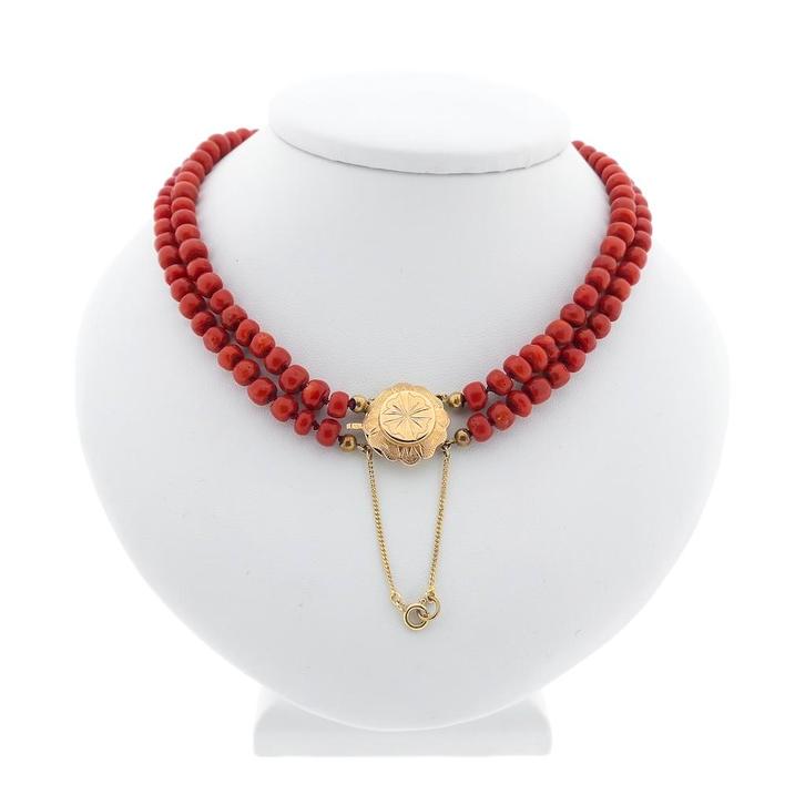 Antieke bloedkoralen kralen collier met gouden sier slot..., Sieraden, Tassen en Uiterlijk, Kettingen, Overige kleuren, Gebruikt